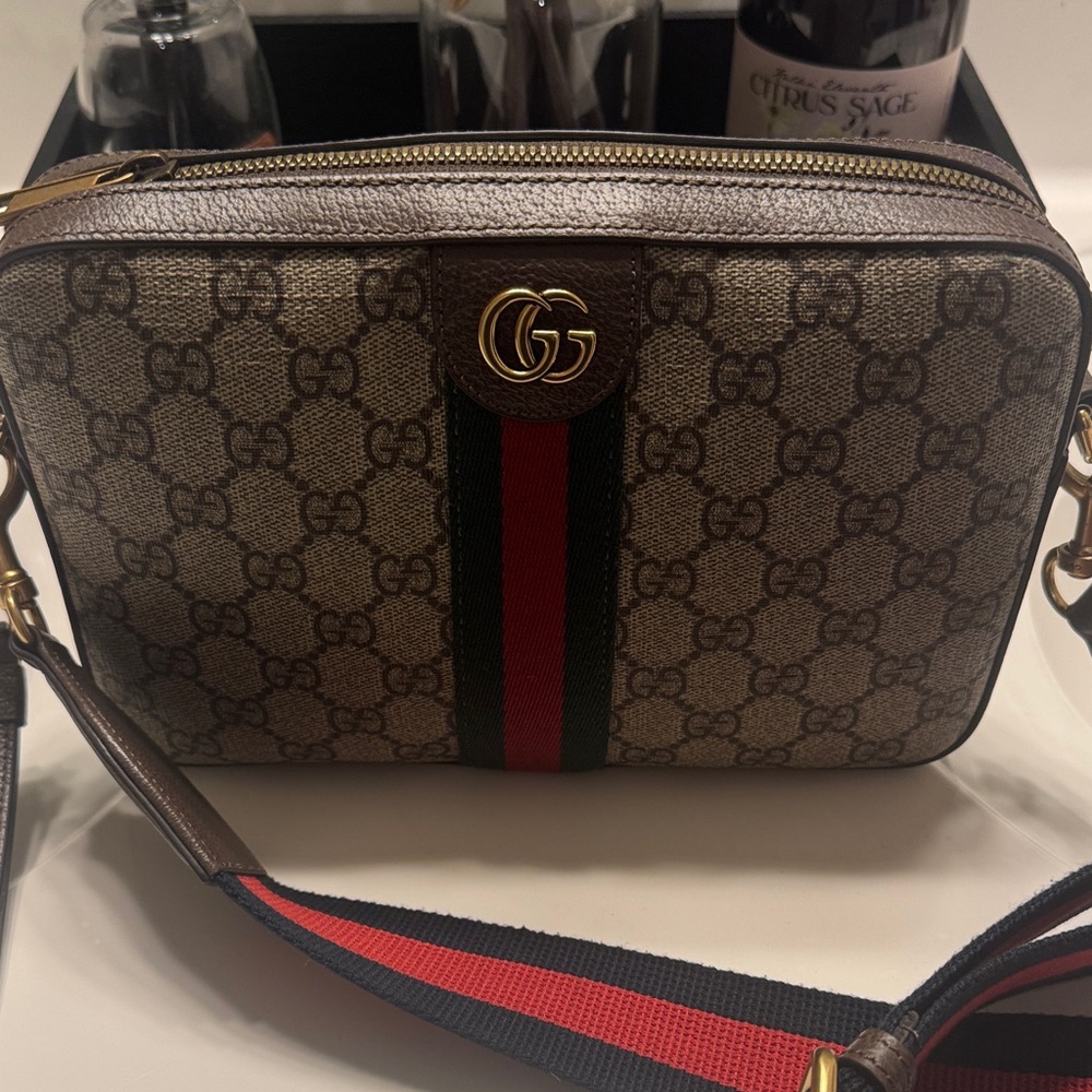 Gucci Brown Logo Crossbody with Red and Green Stripe